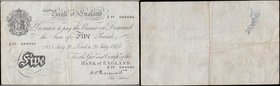 Five Pounds&nbsp;Peppiatt&nbsp;White&nbsp;Note&nbsp;B255 Thick Paper Metal Thread&nbsp;dated 21st July 1945 serial number J77 084040 LONDON branch iss...