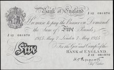 Five Pounds&nbsp;Peppiatt&nbsp;White&nbsp;Note&nbsp;B255 Thick Paper Metal Thread&nbsp;dated 7th May 1945 serial number J12 081870 LONDON branch about...