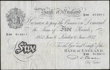 Five Pounds&nbsp;Beale&nbsp;White&nbsp;note&nbsp;B270 Thin paper Metal thread issue&nbsp;dated 6th June 1952 and a nice serial number with the last nu...
