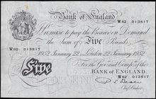 Five Pounds&nbsp;Beale&nbsp;White&nbsp;note&nbsp;B270 Thin paper Metal thread&nbsp;dated 22nd January 1952 serial number W82 013817 London branch EF v...