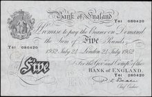 Five Pounds&nbsp;Beale&nbsp;White&nbsp;note&nbsp;B270 Thin paper Metal thread&nbsp;dated 24th July 1952 LAST series serial number Y41 080420 London br...