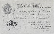 Five Pounds&nbsp;Beale&nbsp;White&nbsp;note&nbsp;B270&nbsp;Thin paper Metal thread dated 15th August 1949 serial number 016 021567 London branch. Prin...