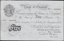 Five Pounds&nbsp;Beale&nbsp;White&nbsp;note&nbsp;B270&nbsp;Thin paper Metal thread dated 15th November 1950 serial number T11 035339 London branch abo...
