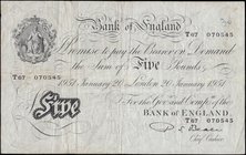 Five Pounds&nbsp;Beale&nbsp;White&nbsp;note&nbsp;B270&nbsp;Thin paper Metal thread dated 20th January 1951 serial number T67 070545 London branch. Pri...