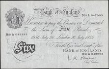 Five Pounds O'Brien White Note B276 Thin paper Metal thread issue dated 26th July 1956 serial number from the LAST series D51A 042993. A fresh and cri...