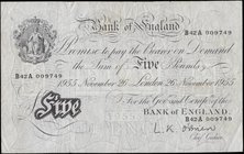 Five Pounds O'Brien&nbsp;White&nbsp;Note&nbsp;B276&nbsp;Thin paper Metal thread issue dated 26th November 1955 serial number B42A 009749 London branch...
