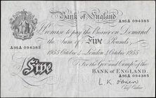 Five Pounds O'Brien&nbsp;White&nbsp;Note&nbsp;B276&nbsp;Thin paper Metal thread issue dated 4th October 19565 serial number A95A 094385 London branch....