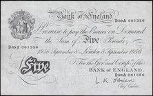 Five Pounds O'Brien&nbsp;White&nbsp;Note&nbsp;B276&nbsp;Thin paper Metal thread issue dated 8th September 1956 LAST series D89A 061356 London branch G...