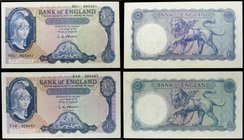 Five Pounds O'Brien Lion & Key (2) a LAST & FIRST series prefixes pair of the 2 varieties B277 Shaded Symbol issue 1957 last series E19 328497 and B28...