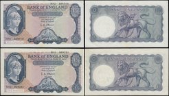 Five Pounds O'Brien Lion & Key B280 White symbol issues 1961 (2) FIRST series serial numbers H10 869231 and H72 328718. The first GEF, the second abou...