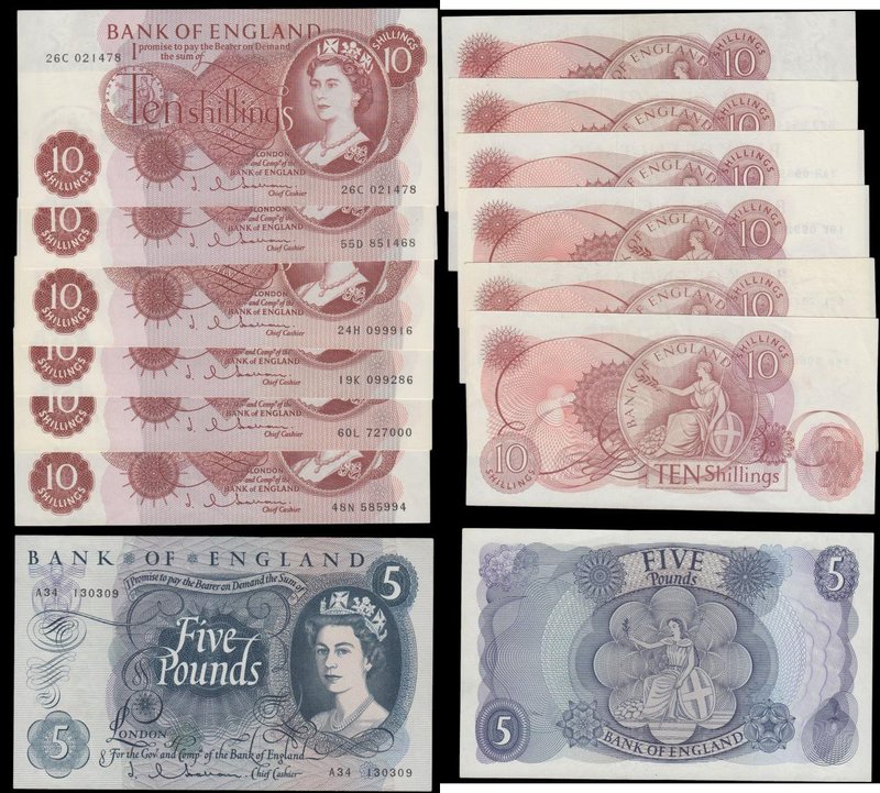 Ten Shillings & Five Pounds Hollom (7) comprising Ten Shillings QE2 portrait & s...