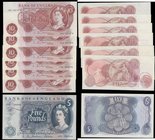 Ten Shillings & Five Pounds Hollom (7) comprising Ten Shillings QE2 portrait & seated Britannia B295 issues 1963 (6) prefixes 26C, 55D, 24H, 19K, 60L ...