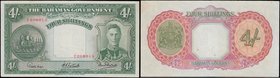 Bahamas Government 4 Shillings Pick 9e Law of 1936 serial number A/9 208015 and variety with left signature title Commissioner of Currency and signatu...