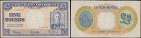 Bahamas Government 5 Pounds Pick 12b Law of 1936 serial number A/2 132709 and variety with left signature title Commissioner of Currency and signature...