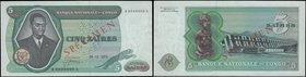 Congo (Democratic Republic) Banque Nationale SPECIMEN 5 Zaires Pick 14s dated 24th November 1971 serial number B0000000A and red SPECIMEN overprint di...