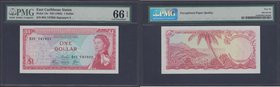 East Caribbean Currency Authority 1 Dollar Pick 13c ND 1965 issue signatures SCWPM type 4 serial number B21 747922. A Thomas De La Rue print in red on...