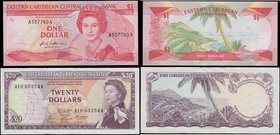 East Caribbean States (2) comprising a Currency Authority 20 Dollars Pick 15g serial numbers A10 652544 and a TDLR print in purple featuring Annigoni ...