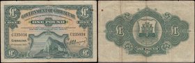 Gibraltar Government 1 Pound Pick 12 dated 1st October 1927 serial number C235034. The note in green on yellow-brown underprint with the obverse featu...