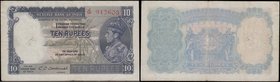India Reserve Bank King George VI portrait profile 10 Rupees Pick 19b ND 1943 signature Deshmukh red serial number J/16 917603 VF usual Spindle hole a...