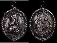 Royalist Badge Charles I undated oval with suspension loop on edge 37mm x 51mm, cast, with wreath borders, Obverse: Bust right, crowned and draped, CA...