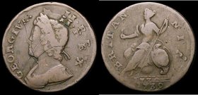 Mint Error - Mis-Strike Halfpenny 1739 double struck the obverse showing two exergues and part of a duplicated date, the obverse with a doubled portra...