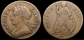 Farthing 1673 No Stops on Obverse Peck 525 Fine and bold, very few known examples, the listing for the Cooke collection states 'we know of none better...