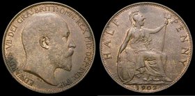 Halfpenny 1902 Low Tide, as Freeman 380 dies 1+A, with the 2 of the date clearly double struck, A/UNC and toned with traces of lustre and some spots o...