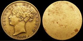 Uniface Fantasy Sovereign 1860 22mm diameter in brass (?) Obverse only: date 1860 below Young Head of Queen Victoria VICTORIA DEI GRATIA with LAUER on...