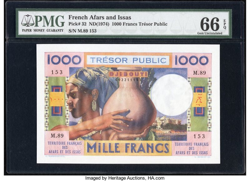 French Afars & Issas Tresor Public, Djibouti 1000 Francs ND (1974) Pick 32 PMG G...