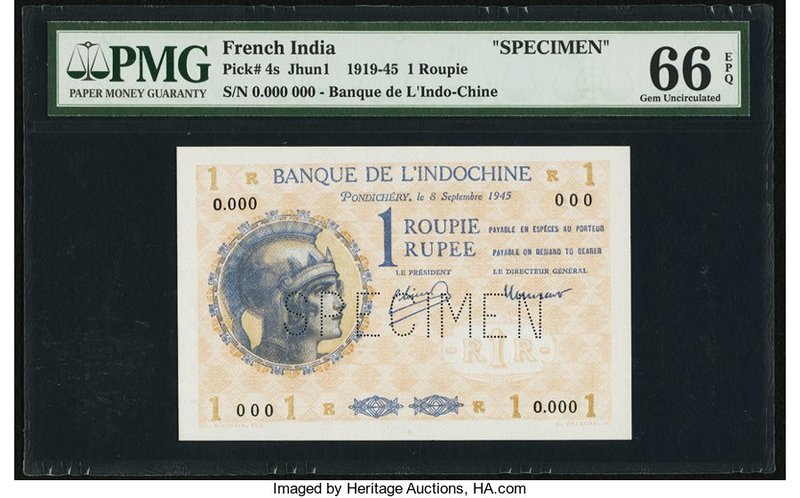 French India Banque de l'Indochine 1 Roupie 8.9.1945 Pick 4s Specimen PMG Gem Un...