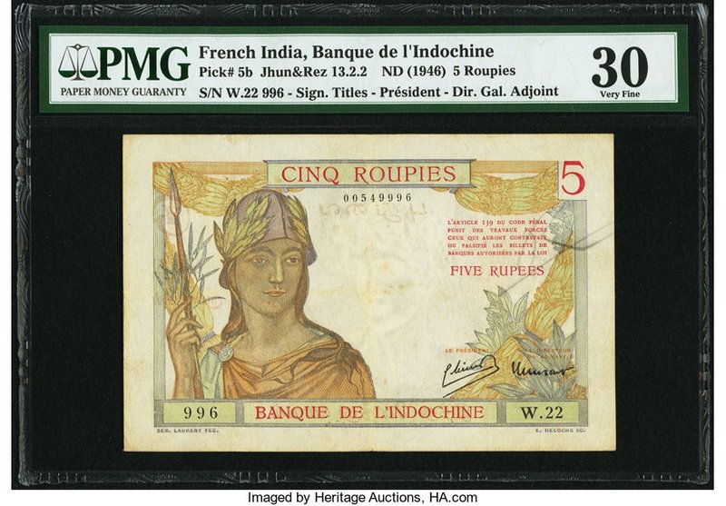 French India Banque de l'Indochine 5 Roupies ND (1946) Pick 5b PMG Very Fine 30....