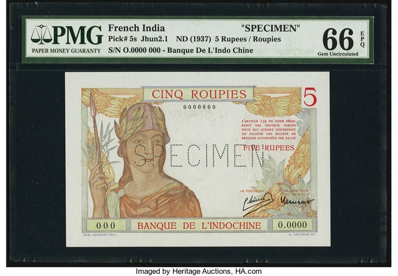 French India Banque de l'Indochine 5 Roupies ND (1937) Pick 5s Specimen PMG Gem ...