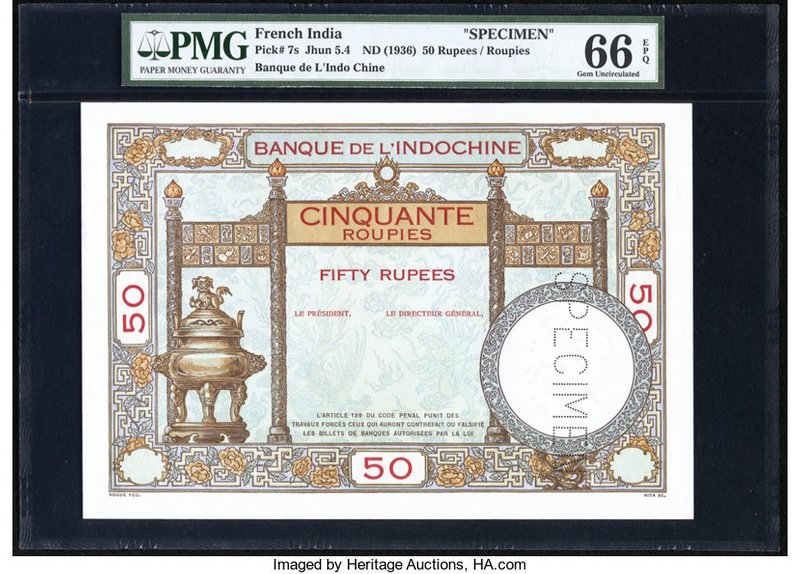 French India Banque de l'Indochine 50 Rupees / Roupies ND (1936) Pick 7s Specime...