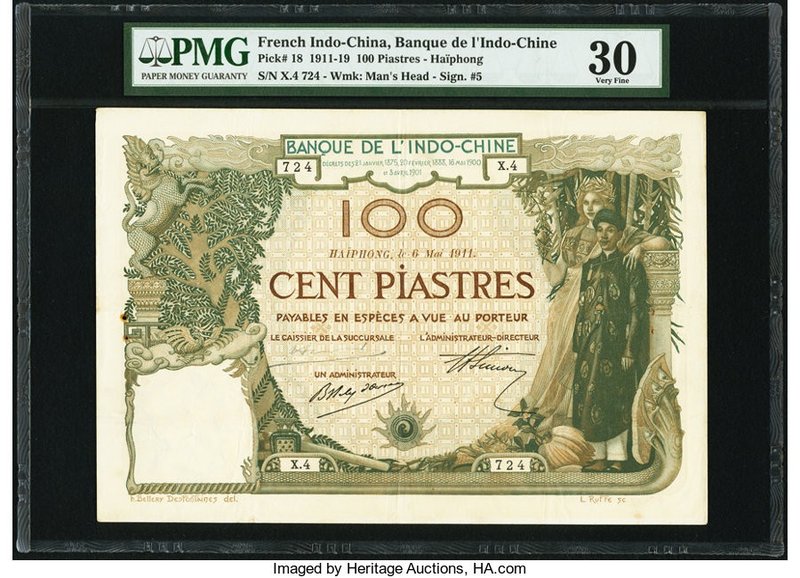 French Indochina Banque de l'Indo-Chine, Haiphong 100 Piastres 6.5.1911 Pick 18 ...