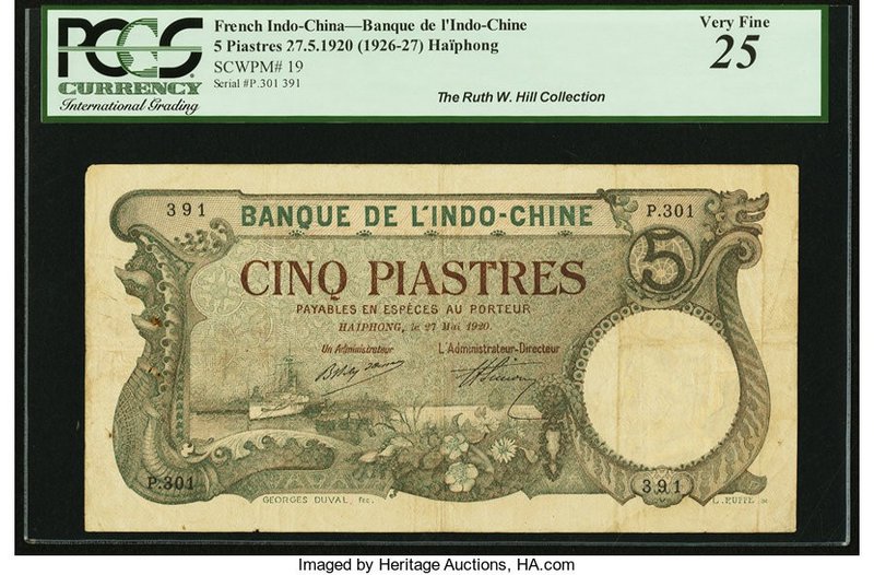 French Indochina Banque de l'Indo-Chine, Haiphong 5 Piastres 27.5.1920 ND (1926-...