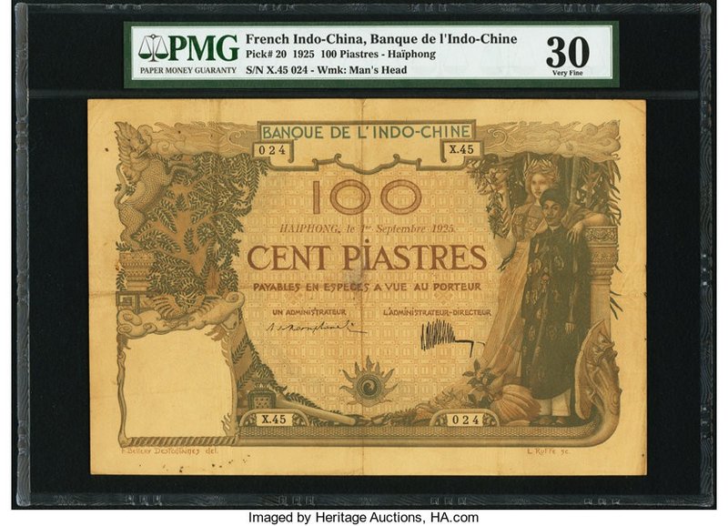 French Indochina Banque de l'Indo-Chine, Haiphong 100 Piastres 1.9.1925 Pick 20 ...