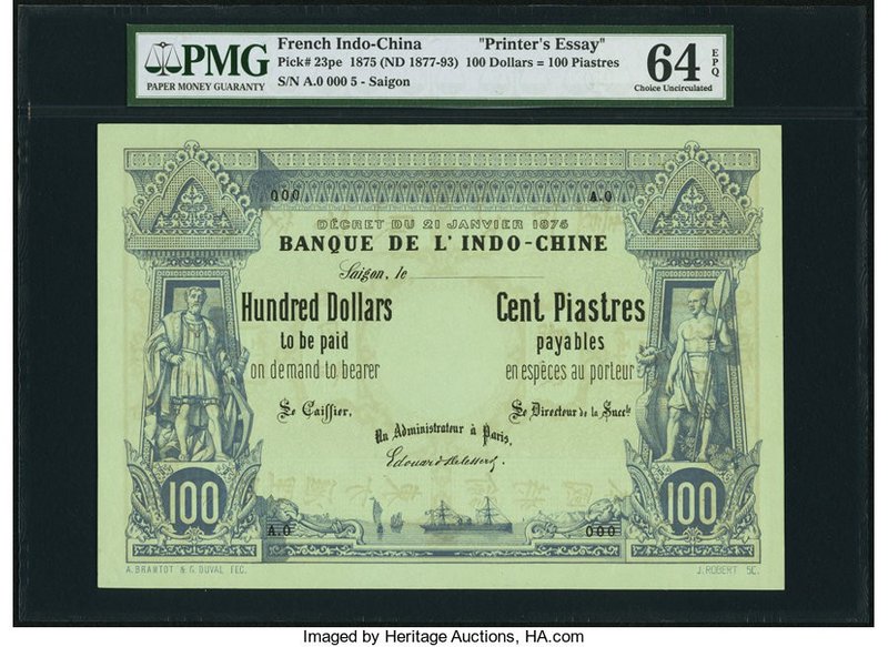 French Indochina Banque de l'Indo-Chine 100 Dollars = 100 Piastres 21.1.1875 (ND...