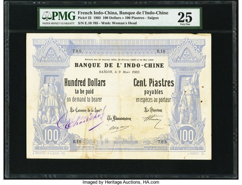 French Indochina Banque de l'Indo-Chine, Saigon 100 Dollars = 100 Piastres 9.3.1...