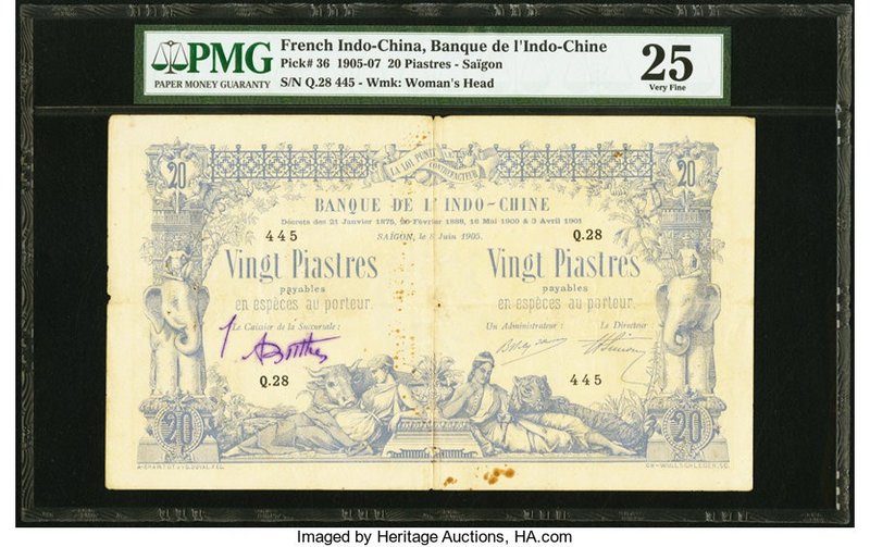 French Indochina Banque de l'Indo-Chine, Saigon 20 Piastres 8.6.1905 Pick 36 PMG...
