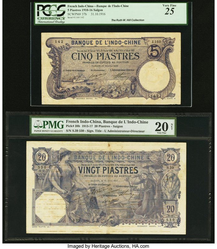 French Indochina Banque de l'Indo-Chine, Saigon 5; 20 Piastres 31.10.1916; 24.4....