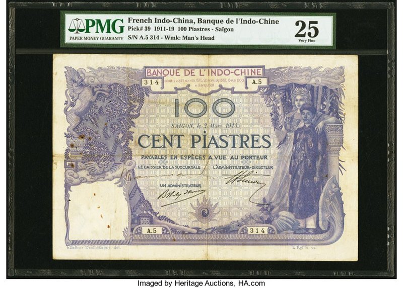 French Indochina Banque de l'Indo-Chine, Saigon 100 Piastres 2.3.1914 Pick 39 PM...