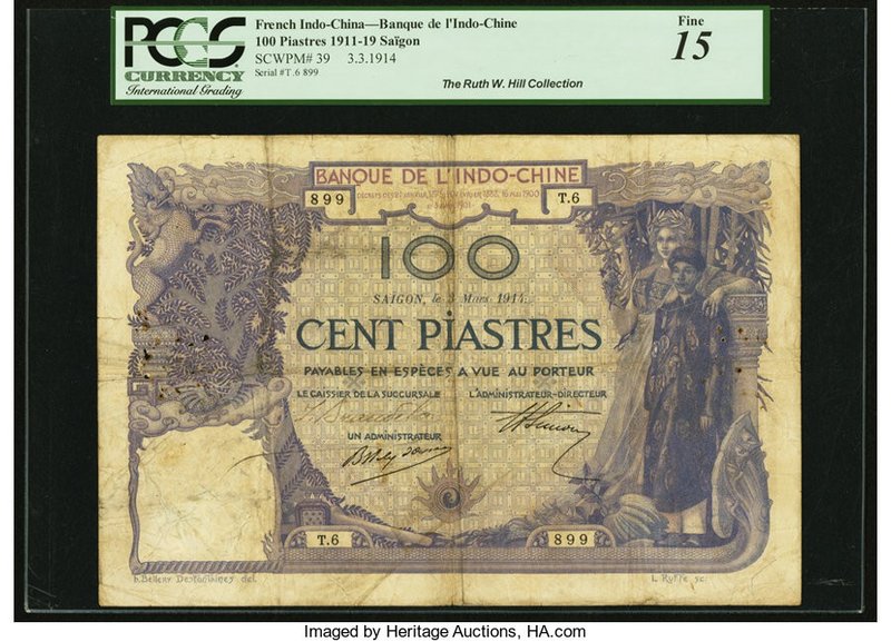 French Indochina Banque de l'Indo-Chine, Saigon 100 Piastres 3.3.1914 Pick 39 PC...