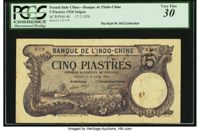 French Indochina Banque de l'Indo-Chine, Saigon 5 Piastres 17.2.1920 Pick 40 PCG...