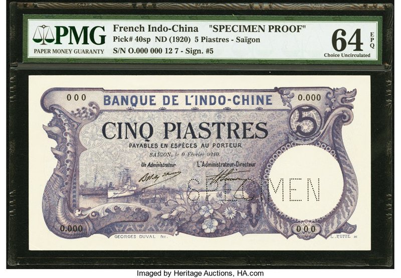 French Indochina Banque de l'Indo-Chine, Saigon 5 Piastres ND (1920) Pick 40sp S...