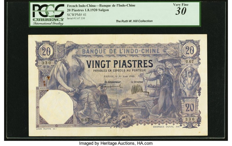French Indochina Banque de l'Indo-Chine, Saigon 20 Piastres 1.8.1920 Pick 41 PCG...