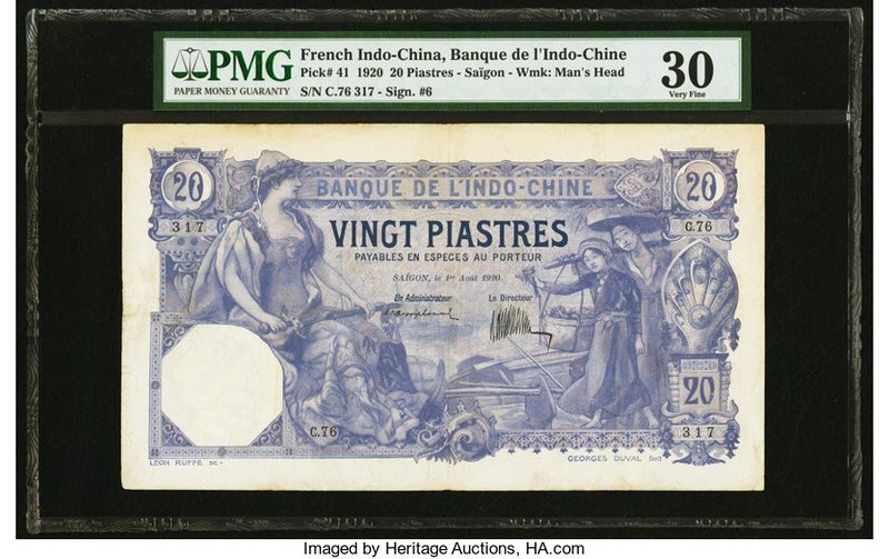 French Indochina Banque de l'Indo-Chine, Saigon 20 Piastres 1.8.1920 Pick 41 PMG...