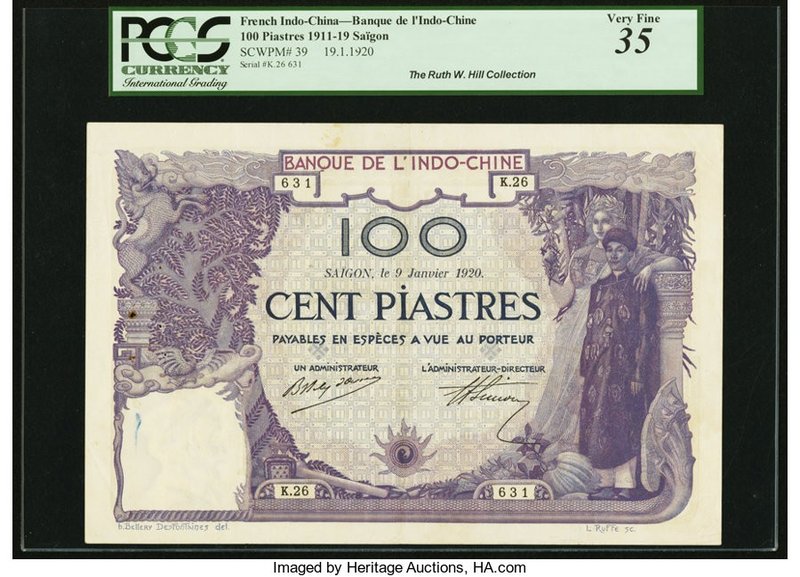 French Indochina Banque de l'Indo-Chine 100 Piastres 9.1.1920 Pick 42 PCGS Very ...