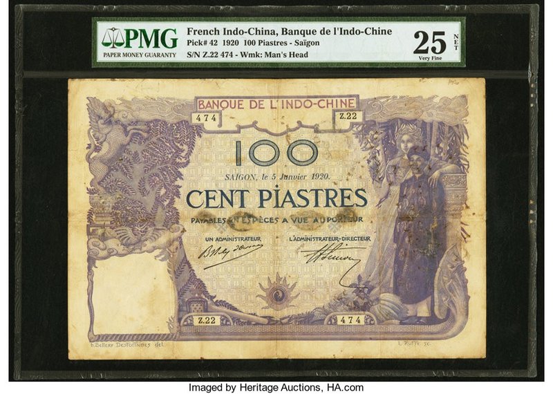 French Indochina Banque de l'Indo-Chine, Saigon 100 Piastres 5.1.1920 Pick 42 PM...