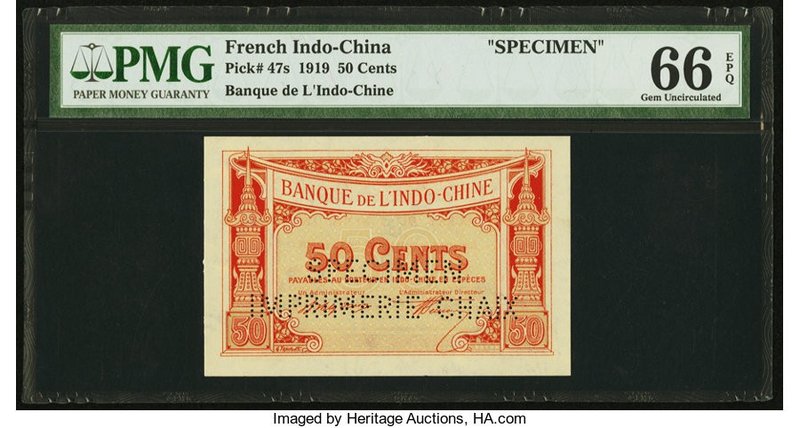 French Indochina Banque de l'Indo-Chine 50 Cents 6.10.1919 Pick 47s Specimen PMG...