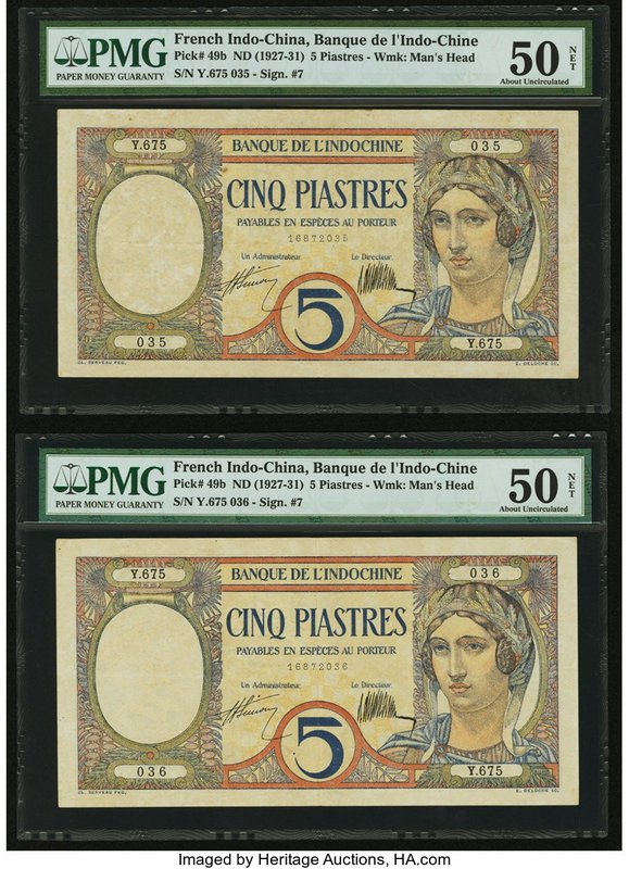 French Indochina Banque de l'Indo-Chine 5 (2); 20 Piastres ND (1927-31); ND (192...